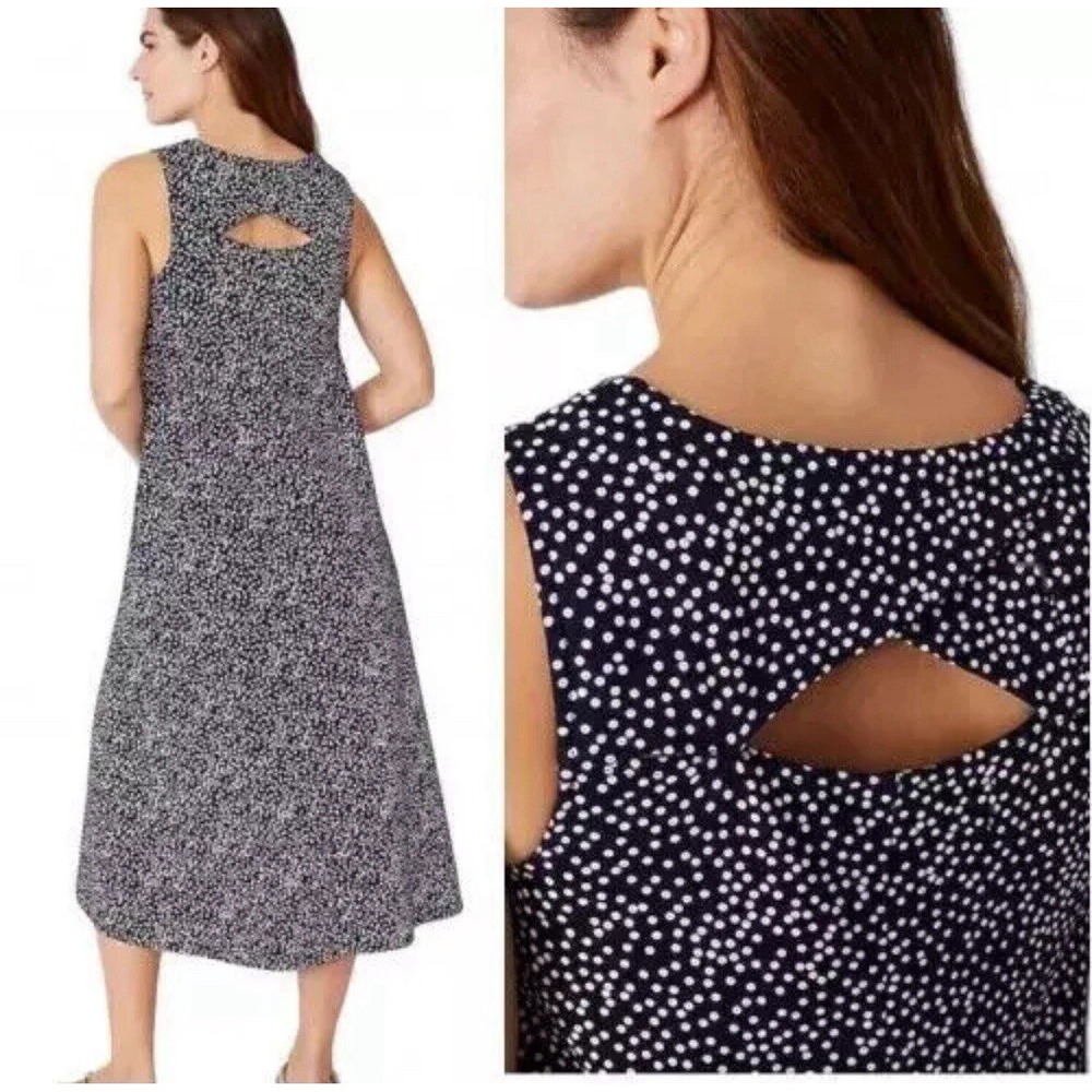 J. Jill Wearever Polka Dot Midi Dress Women 3X Navy Blue Keyhole Back Sleeveless